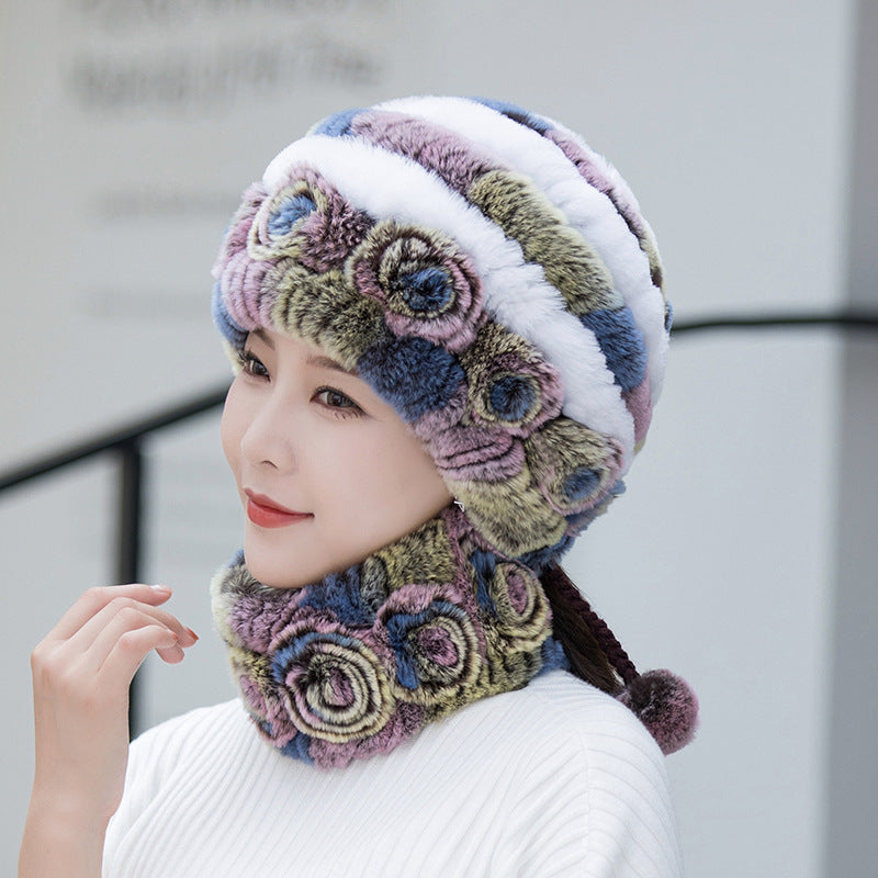 Winter Real Rabbit Fur Hat & Scarf Set - Stylish & Warm