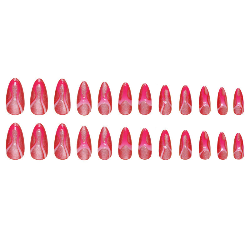 Removable Fake Nails Rose Red Wave Design 24-Piece