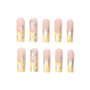 Yellow French Tip Nails with Silver Butterfly Design