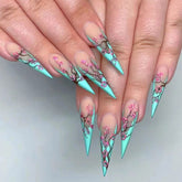 Tiffany Blue Chinese Plum Blossom Long Pointed French Fall Nails