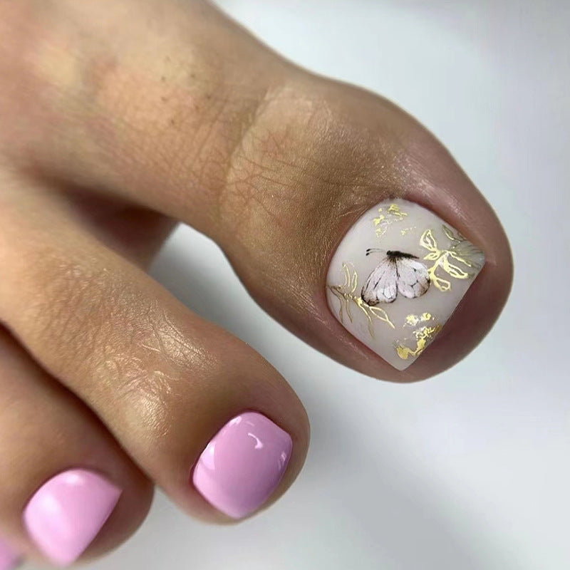 Sweet Pink Solid Nails with Gold Foil and Butterflies, Ins Style