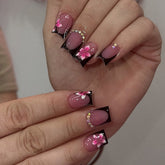 Black French Tip Blush Flower Nails