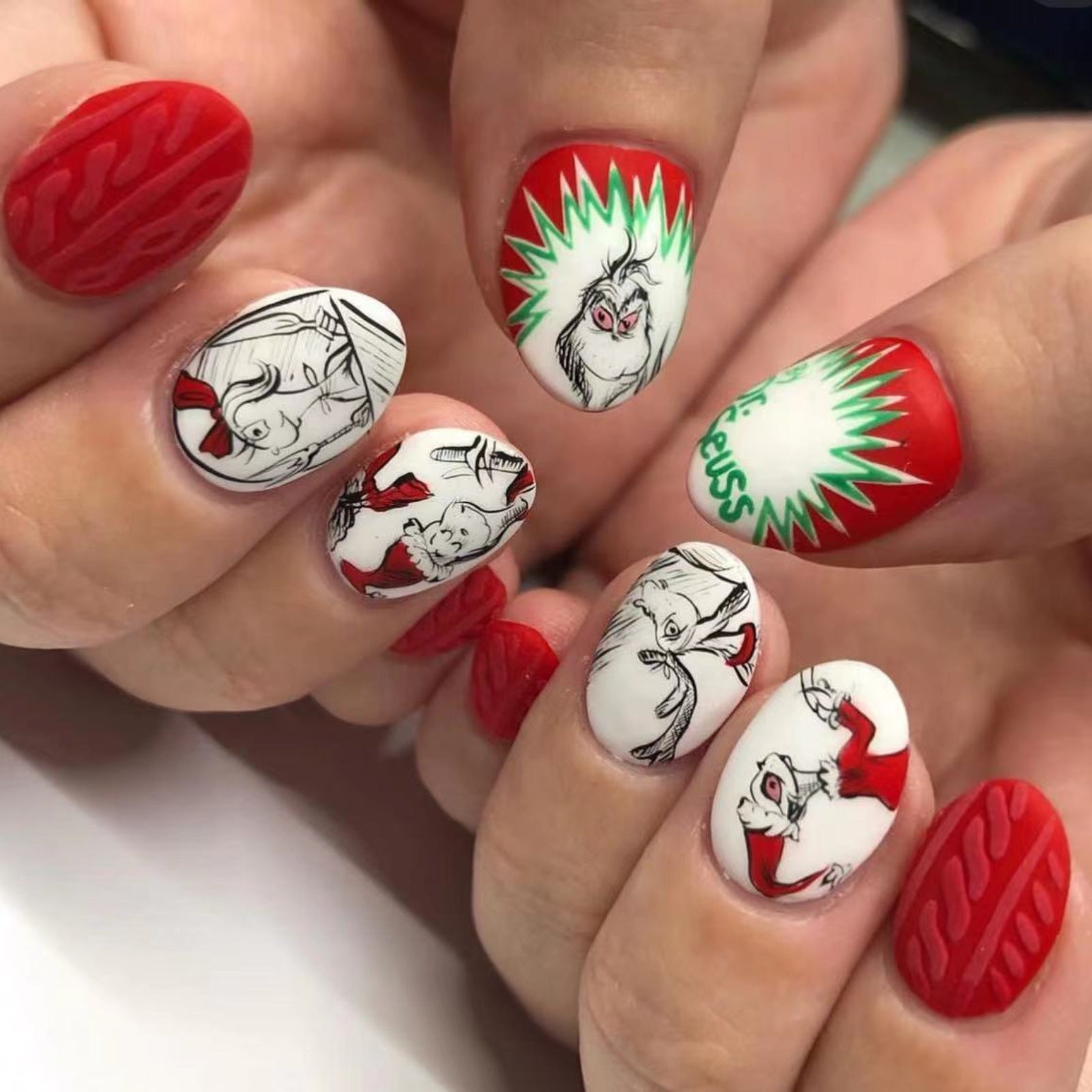 Christmas Black Red Grinch Cartoon Oval Matte Nails