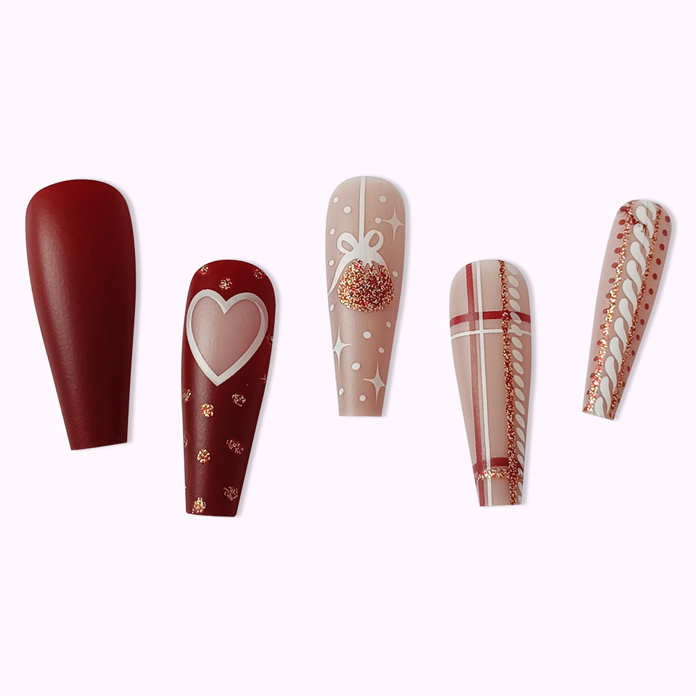 Christmas Striped Heart Bell White-Enhancing False Nails