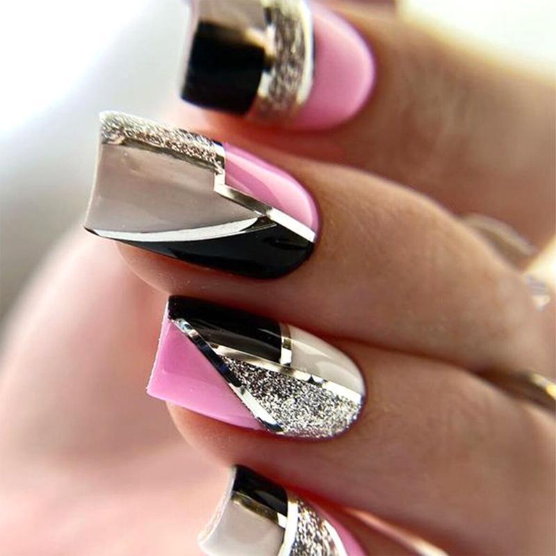 Black and Pink Glitter Square Nail Tips