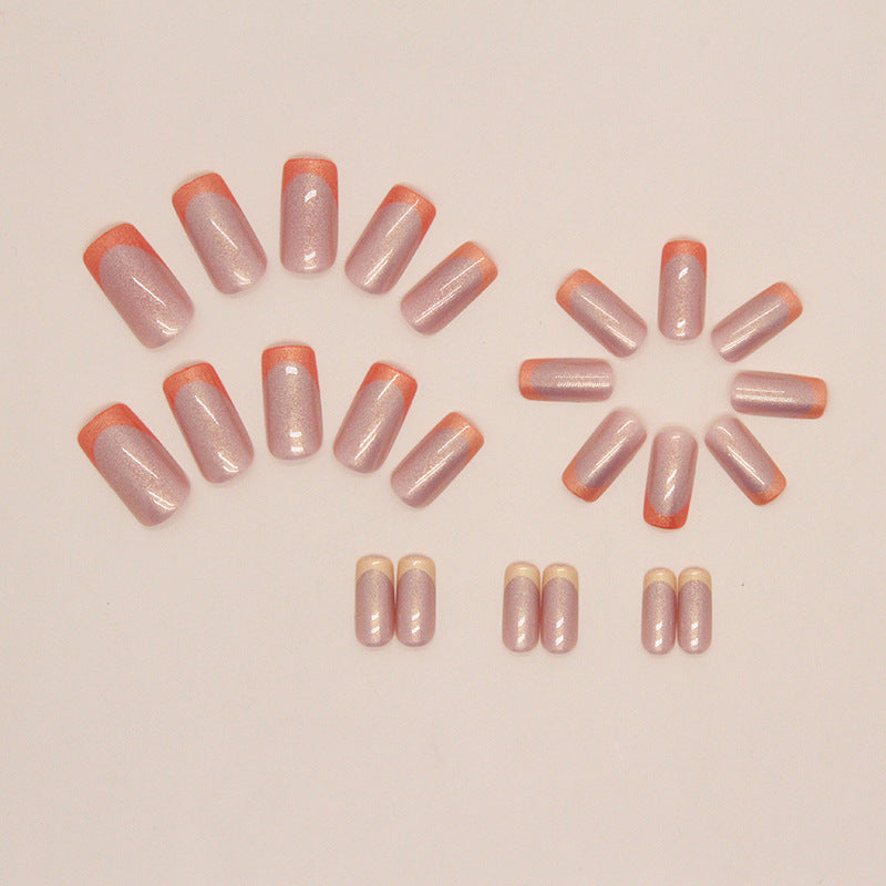 Shiny Aurora Orange French Nails, Mid-Length Square Shape