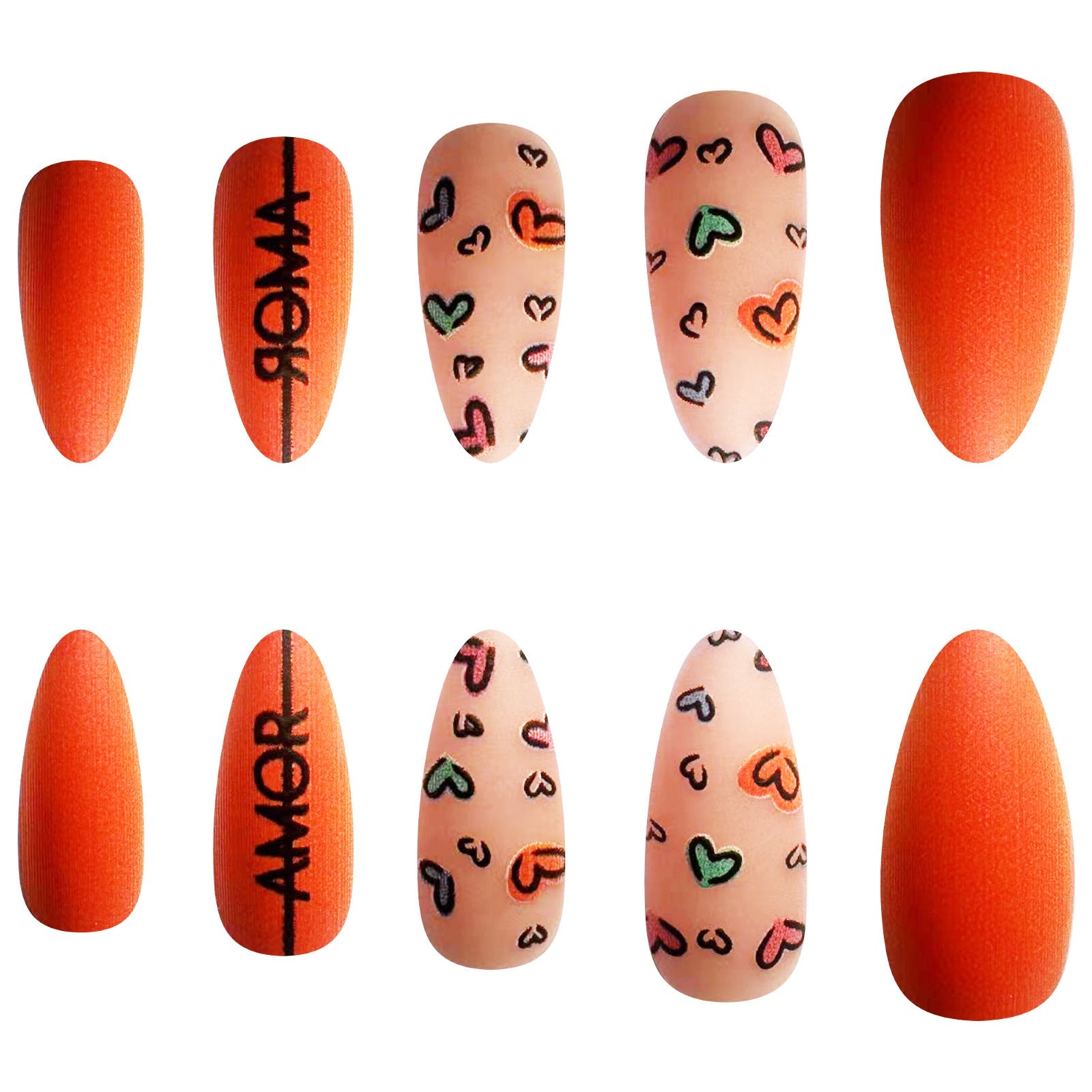 Valentine's Day Orange Almond Nails with Love Heart Designs