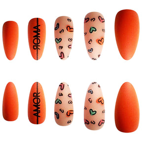 Valentine's Day Orange Almond Nails with Love Heart Designs