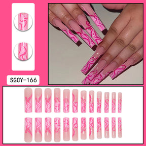 24 Long Pink Stripe Glitter Nail Tips, Sweet INS Style