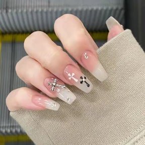 Nude Cross Pattern Gold Powder Long Wearable Nails - Removable Manicure Sheets