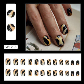 Short Euro-Square Yellow Black Contrast Nails, Fashionable Autumn Style