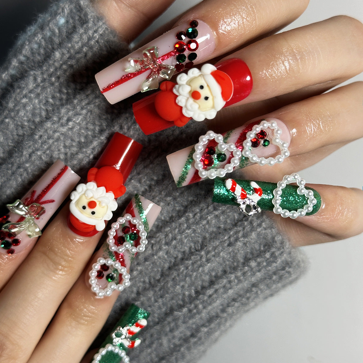 Christmas French Ballet Pearl Heart Diamond Santa Nail