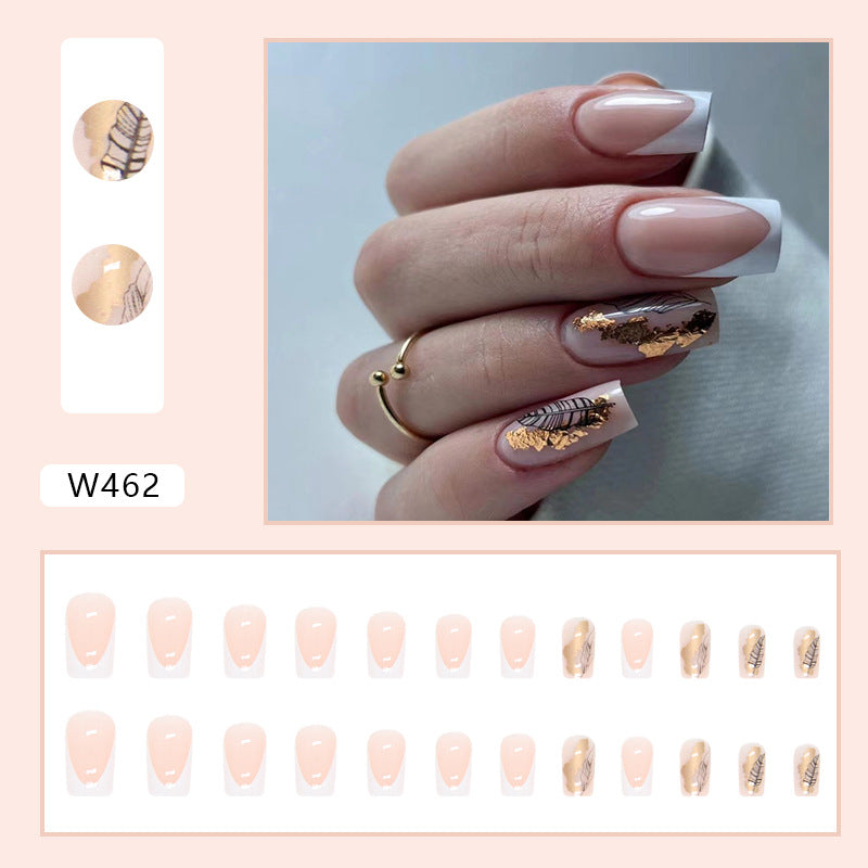 White French Mid-Length Square Nails, Leaf Silhouette, INS Style