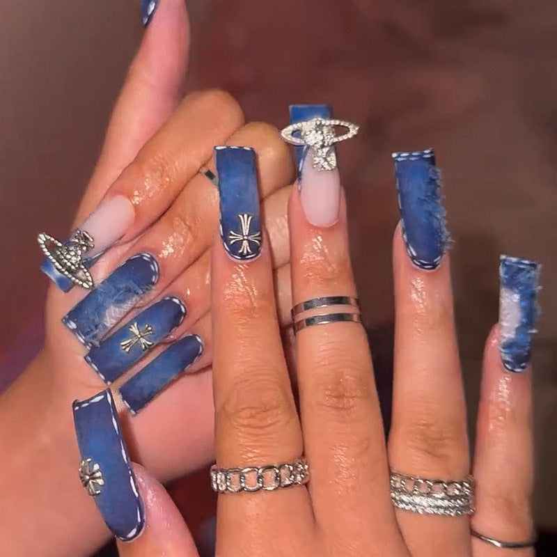 Ripped Denim Blue Nail Tips with Fringe and Cross