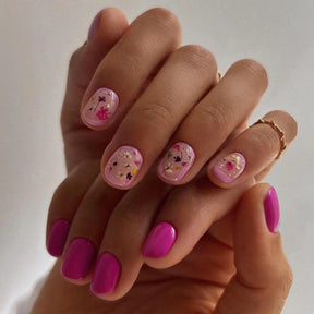 Short Euro-Square Rose Pink Floral Nails for Fall