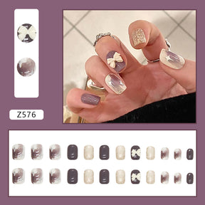 Purple Ins Graffiti Style Japanese Nails Chic White Bow Rhinestone Wearable Nails