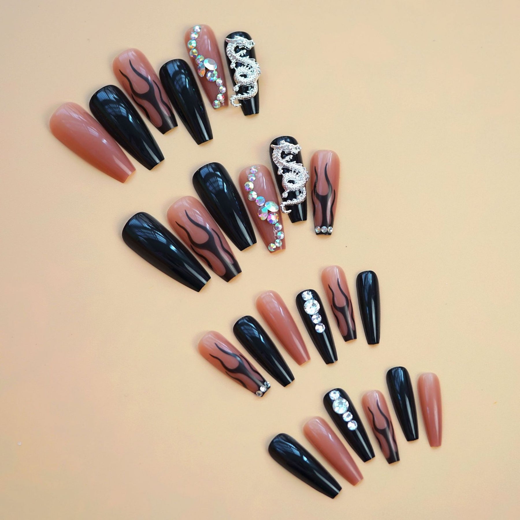 24-Piece Dragon Sparkle Long Nails, Dark Glam