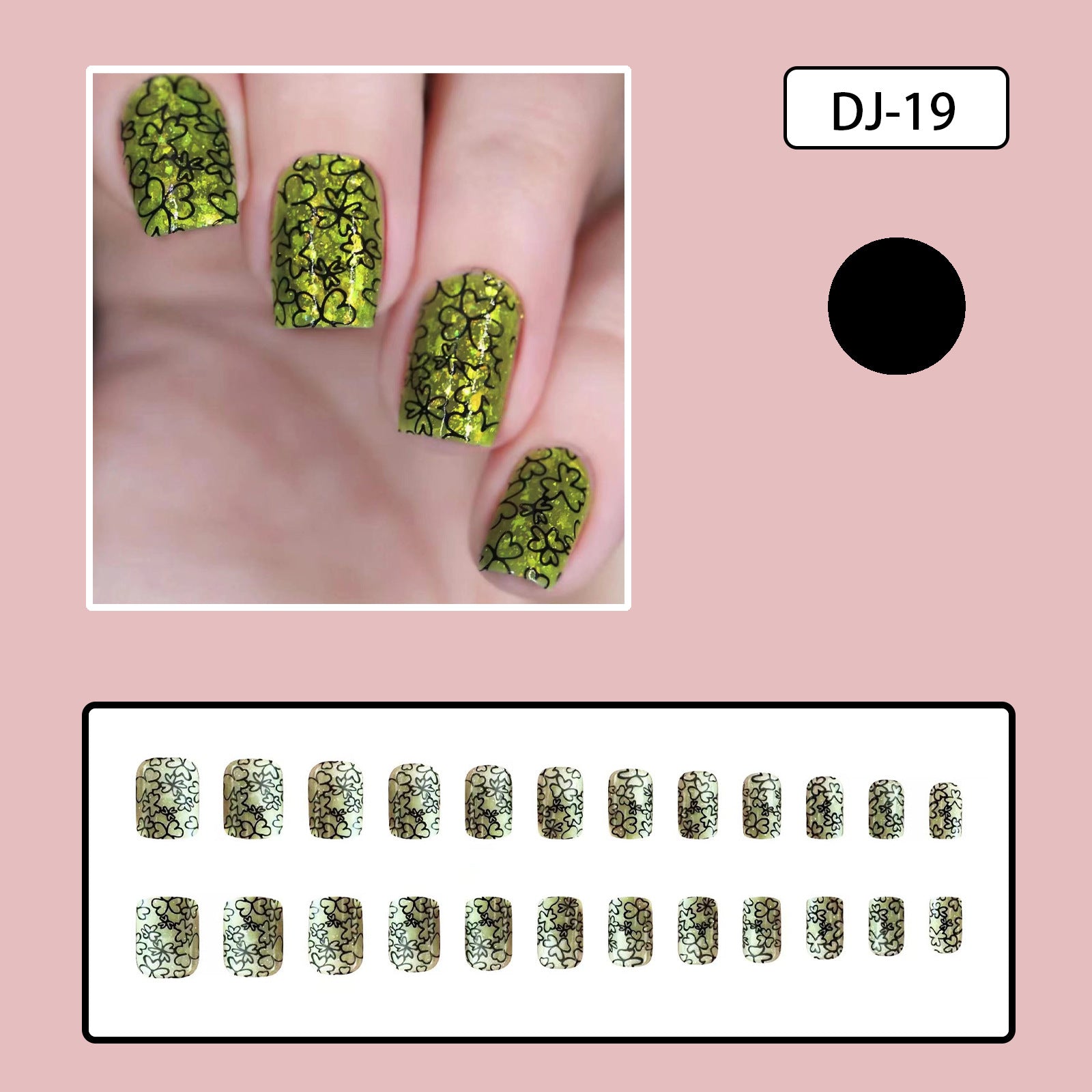 St. Patrick's Day Green Glitter Short Square Nails with Black Clover