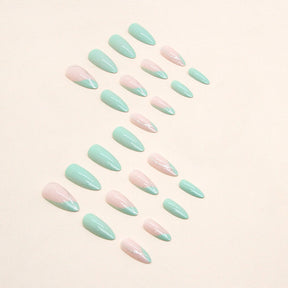 Simple Solid Light Green Nails Euro Almond Fashion Gold Powder French Wearable Nails Wholesale