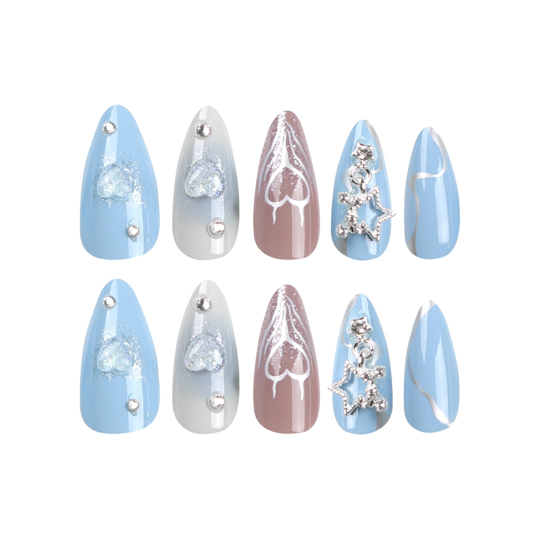 Blue Glitter Almond Shape Star Heart Press-On Nails - Removable