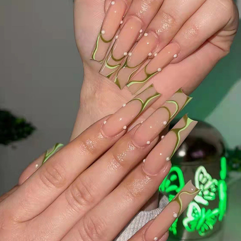 Removable Green Pattern Long Nails - Fresh and Skin-Tone