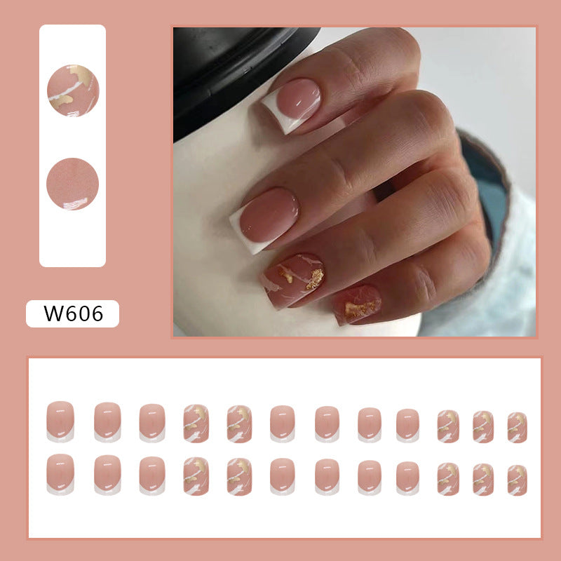 Short Simple White French Marble Fall Nails - Gold Foil