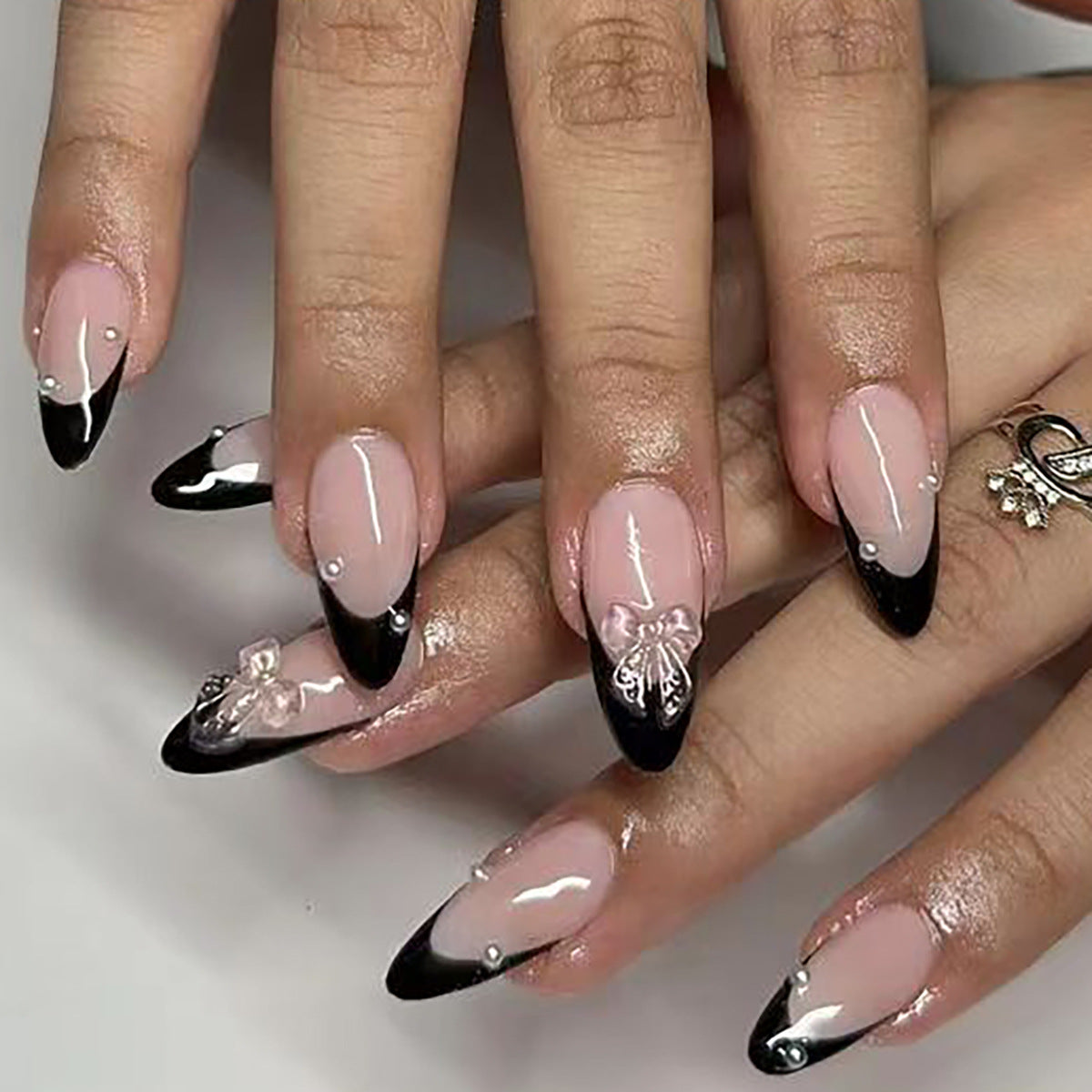 Black Almond Fall Nails: French Tip Diamond-Encrusted Butterfly Nail Tips