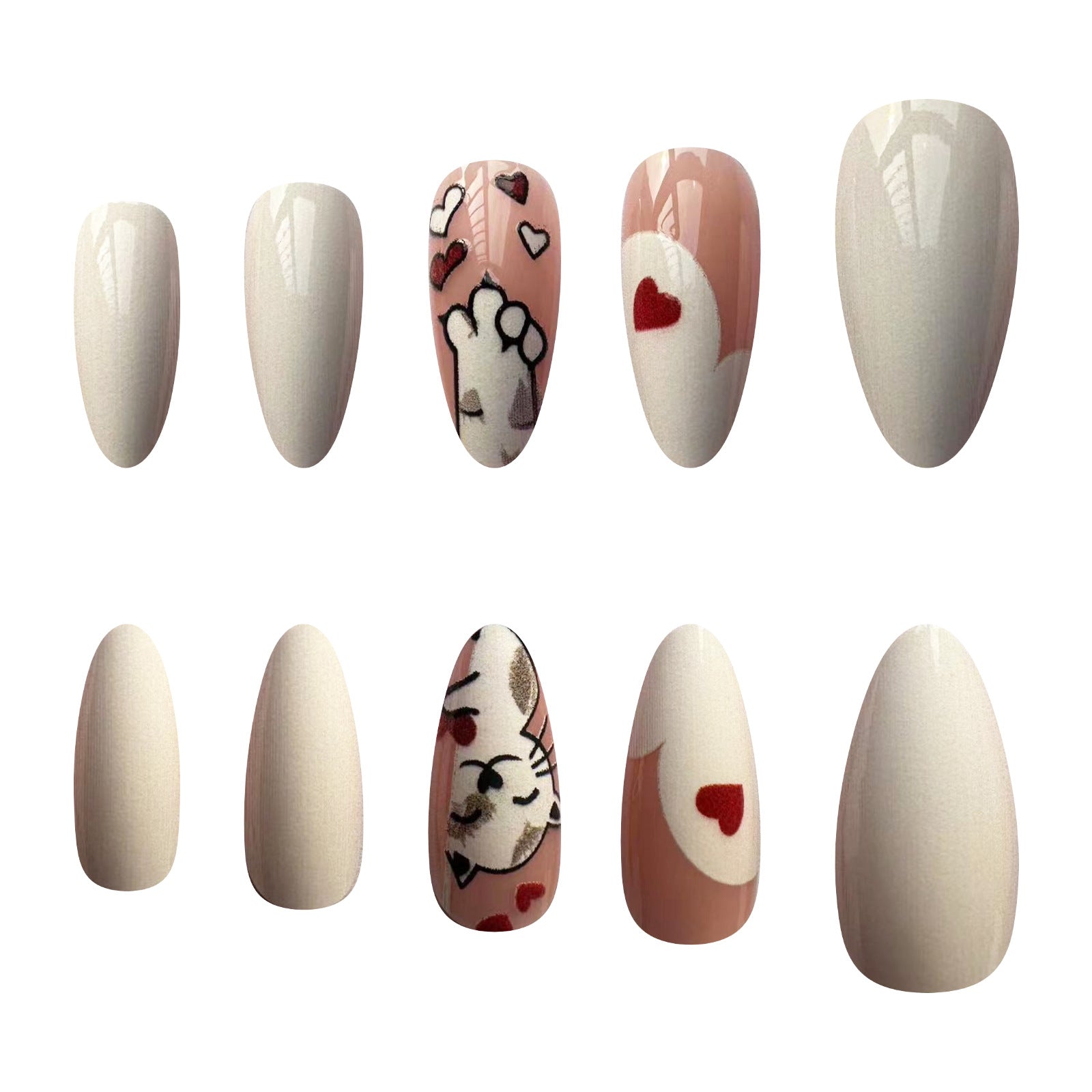 White Almond Nails with Cute Cat and Heart Designs