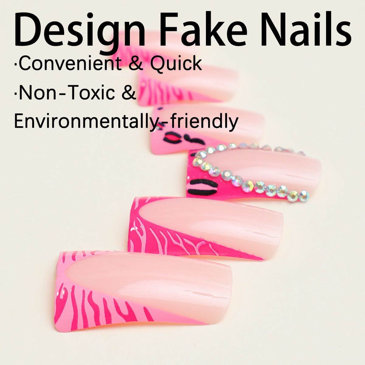 Luxury Duckbill French Nail Tips with Pink Rhinestones