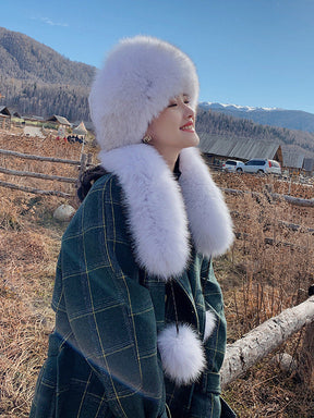 Winter Fox Fur Hat with Long Fringe and Pom Pom