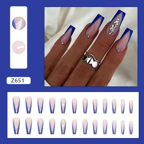 Cool Sea Blue Triangular French Fall Nails, 24-Piece Ins-Style Set