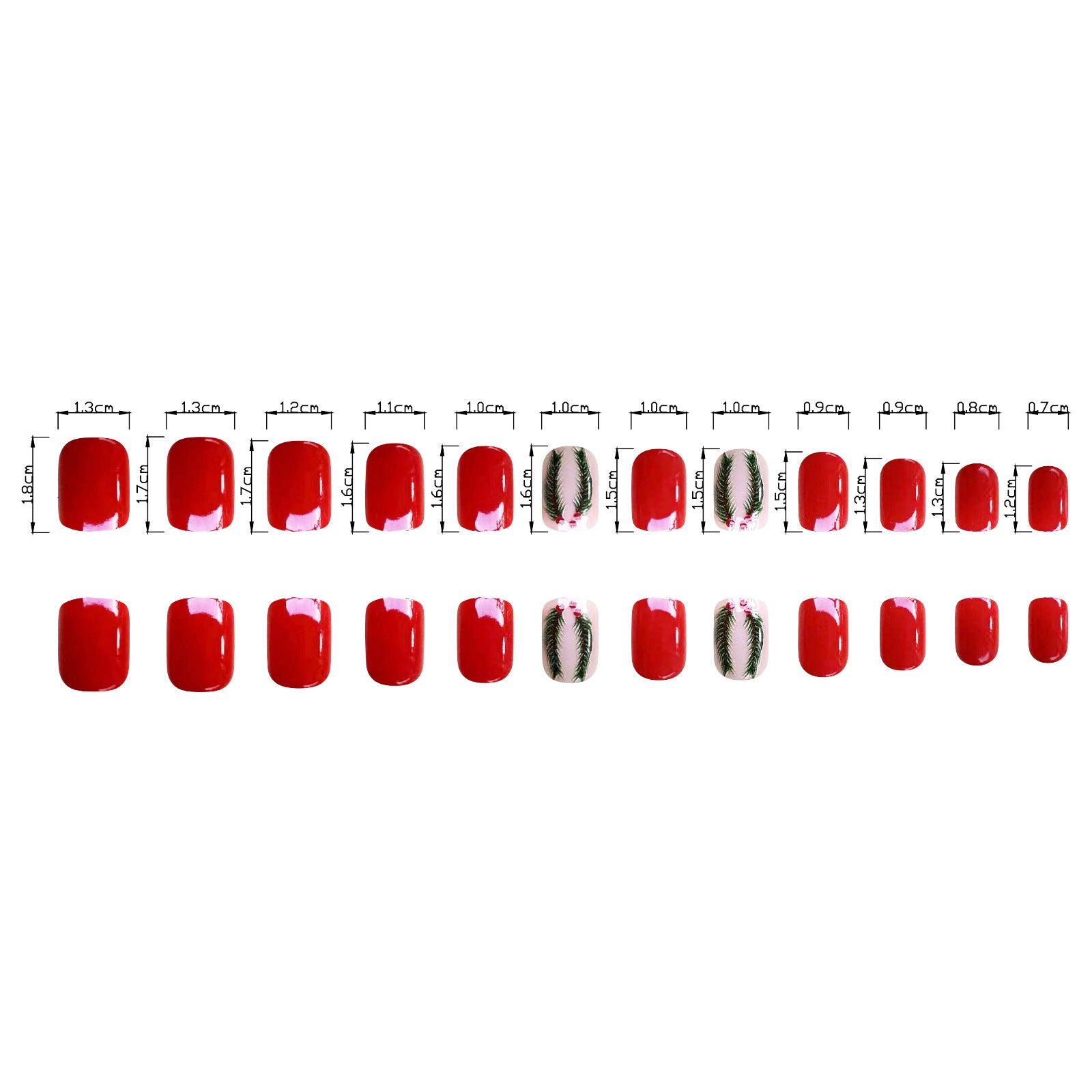 Red Short Square Christmas Nails with Tree Branch Designs