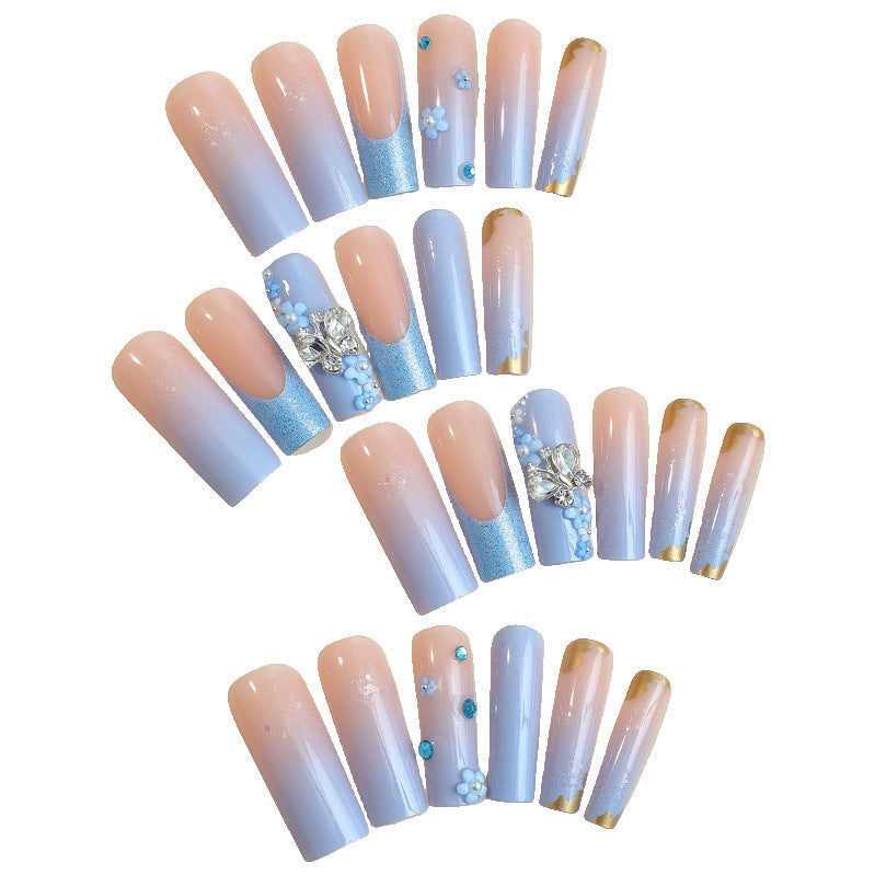 Long 3D Flower and Butterfly Glitter Nail Tips