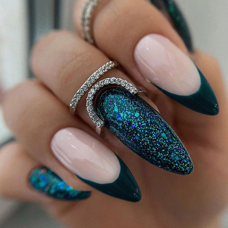 Almond Shape Emerald French Fall Nails - Shiny and Chic