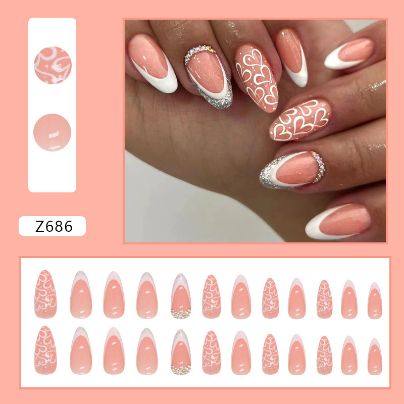 Simple White Heart French Glitter Diamond Almond Fall Nails