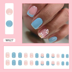 Short Solid Light Blue Sunflower Nails Euro Sweet Cute Wearable Nails Wholesale