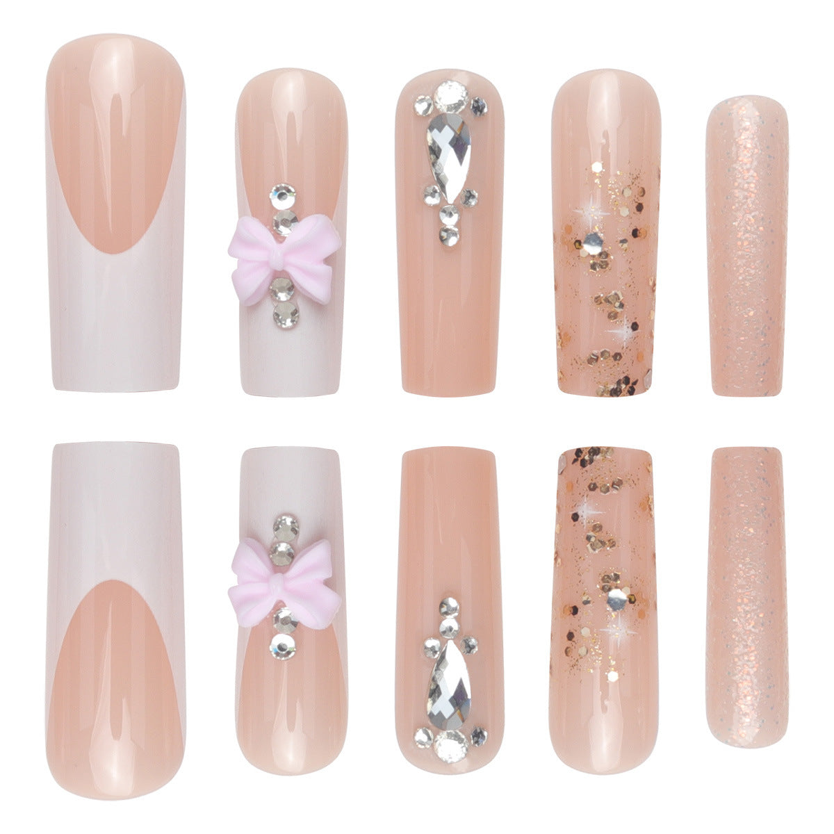 French Glitter Bow Nail Tips with Crystal Accents