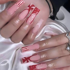 Long Christmas Nail Tips with Snowflake Lines