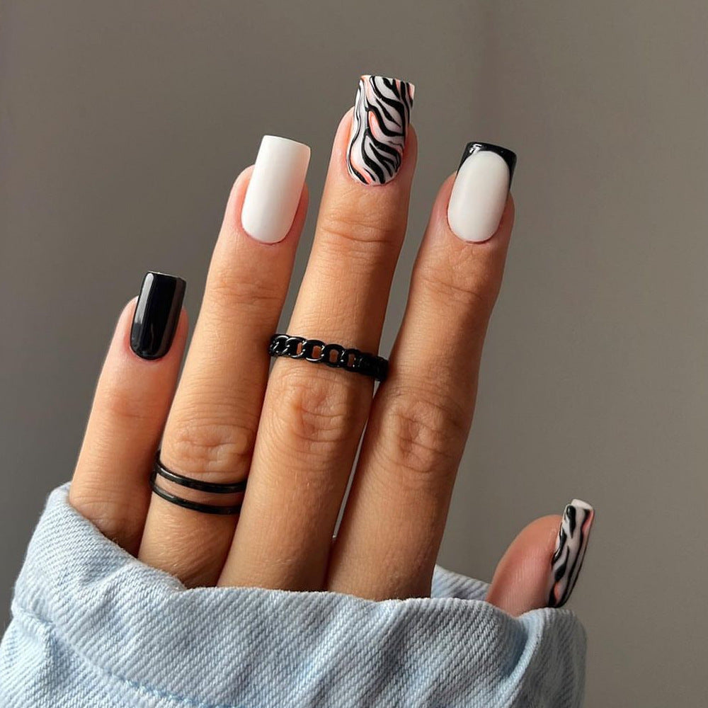 Sweet Cool Black White Zebra French Square Finished Fake Nails