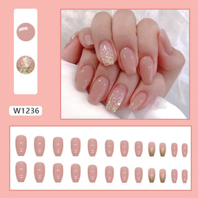 Short Ballet Pink Solid Nails with Gold Powder, Ins Style