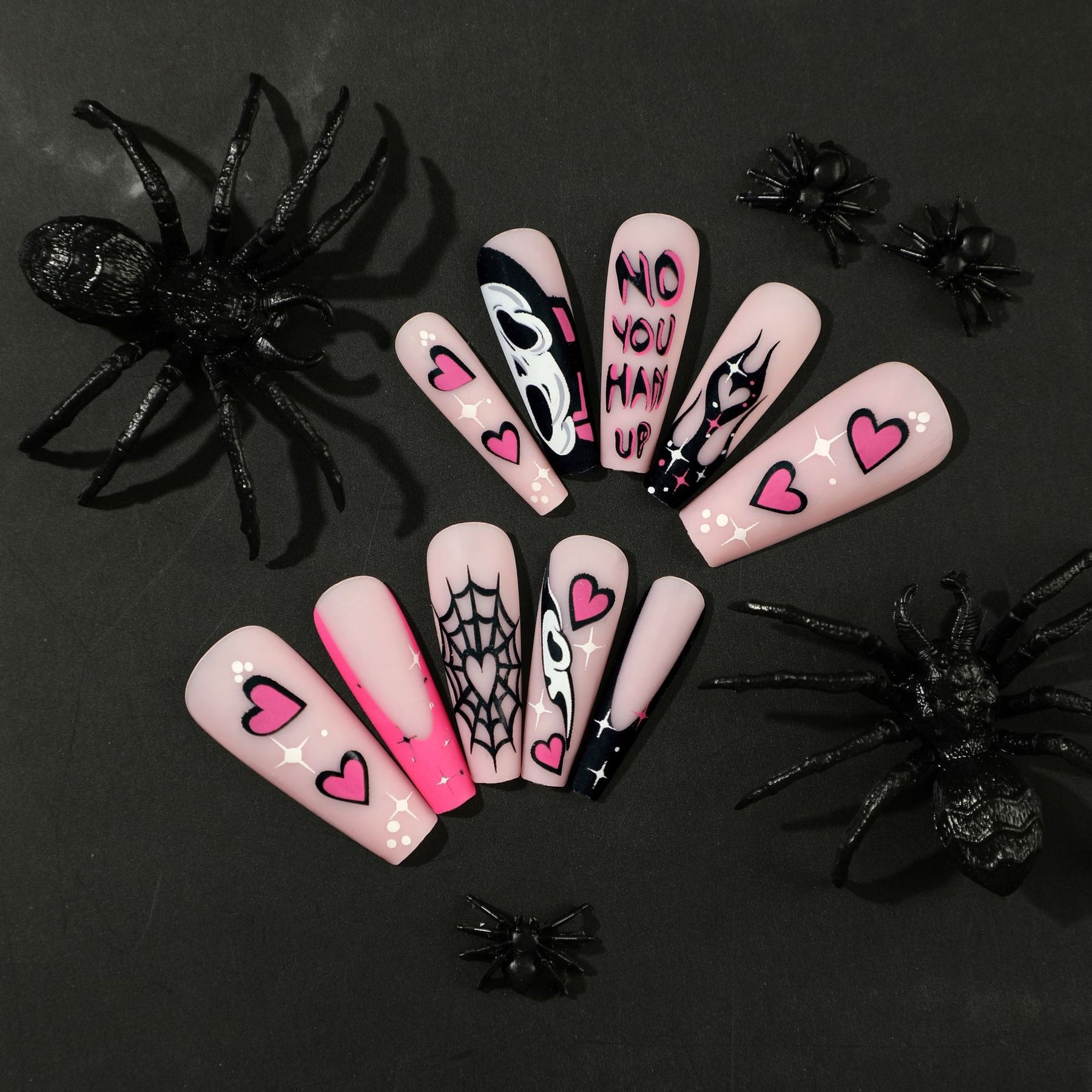 Black & Pink Halloween Nail Tips with Web and Flames