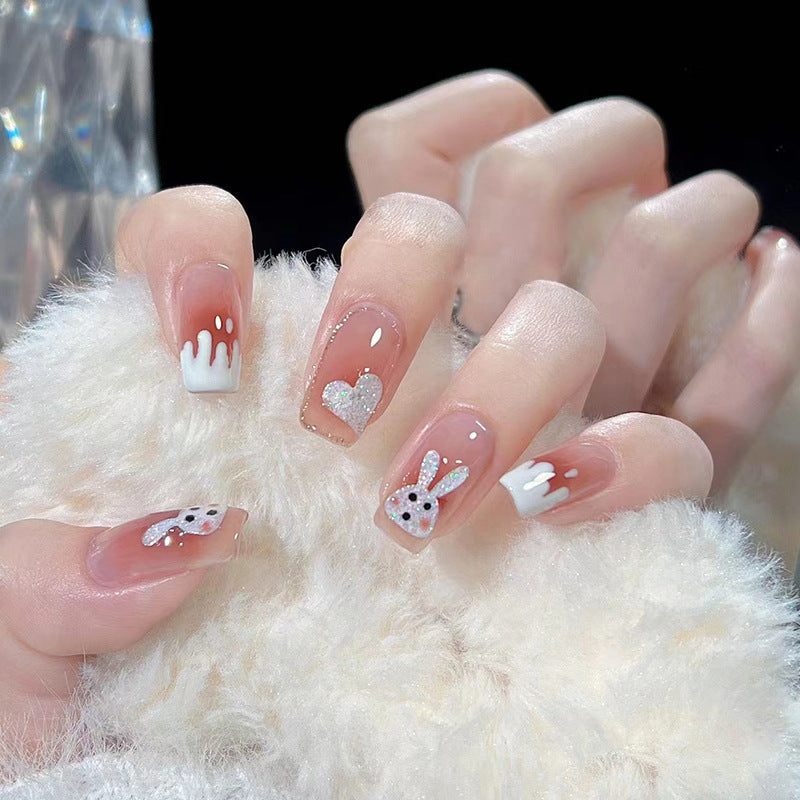 Cute INS Flash Powder Blush Nails, New Year Rabbit Design