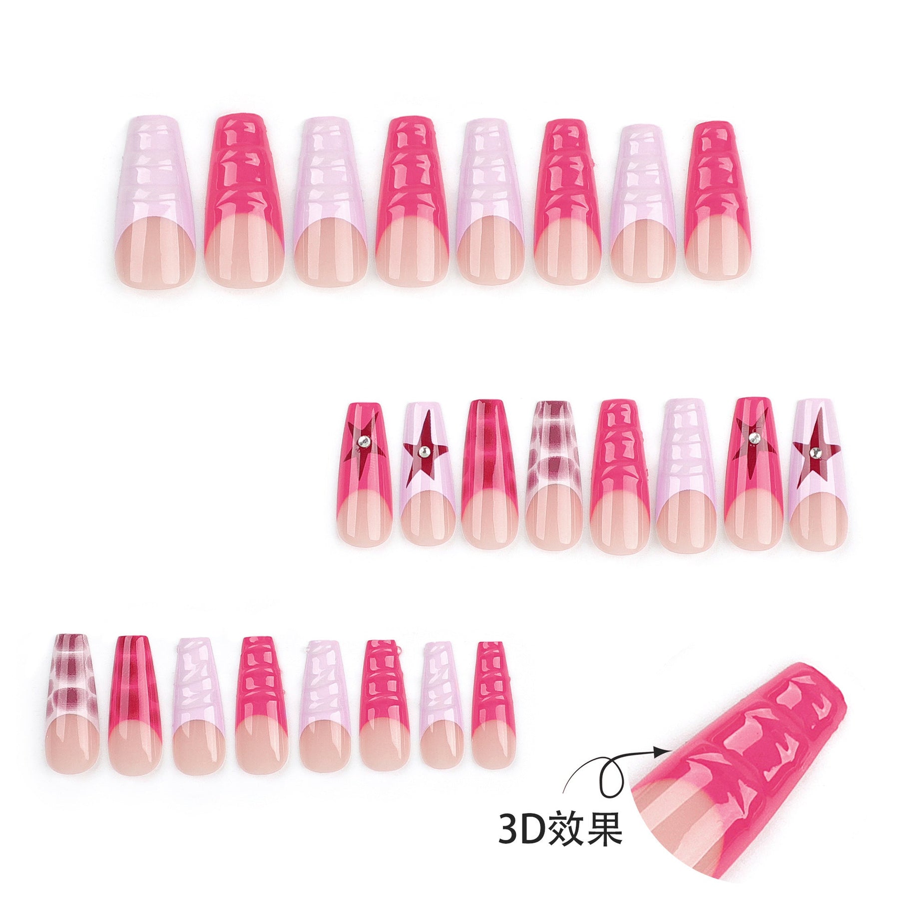 3D Red Star French Long Fall Nails with Crystal Dots