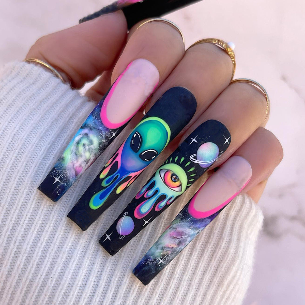 Alien Themed Ballet Blue Sky Nails, Stargazing Design