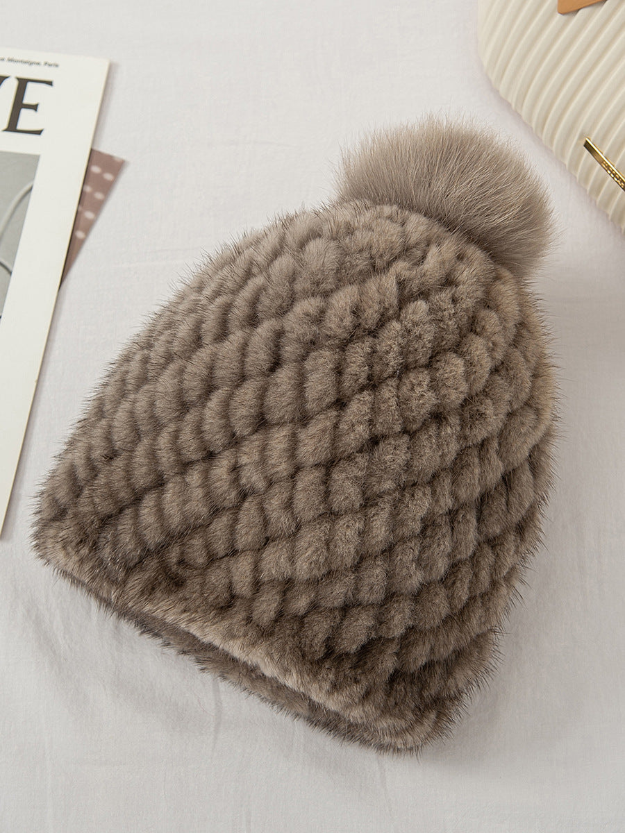 Winter Mink Fur Hat with Fox Fur Pom-Pom - Cozy & Stylish