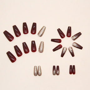 Flashy Gold Glitter Wine Red Bride Nails, Medium Length for Festivals