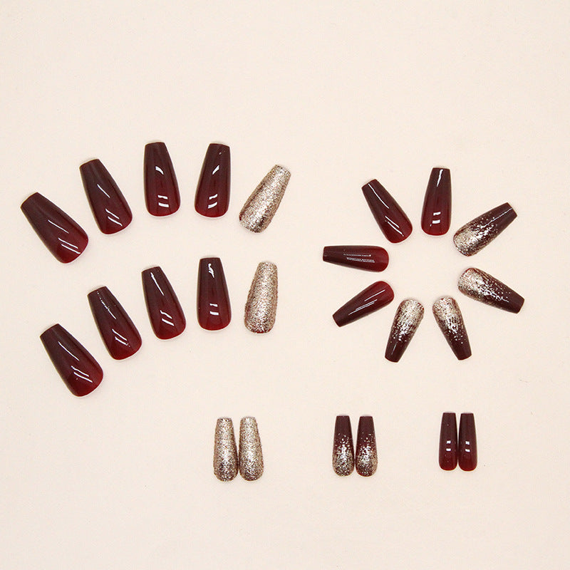 Flashy Gold Glitter Wine Red Bride Nails, Medium Length for Festivals