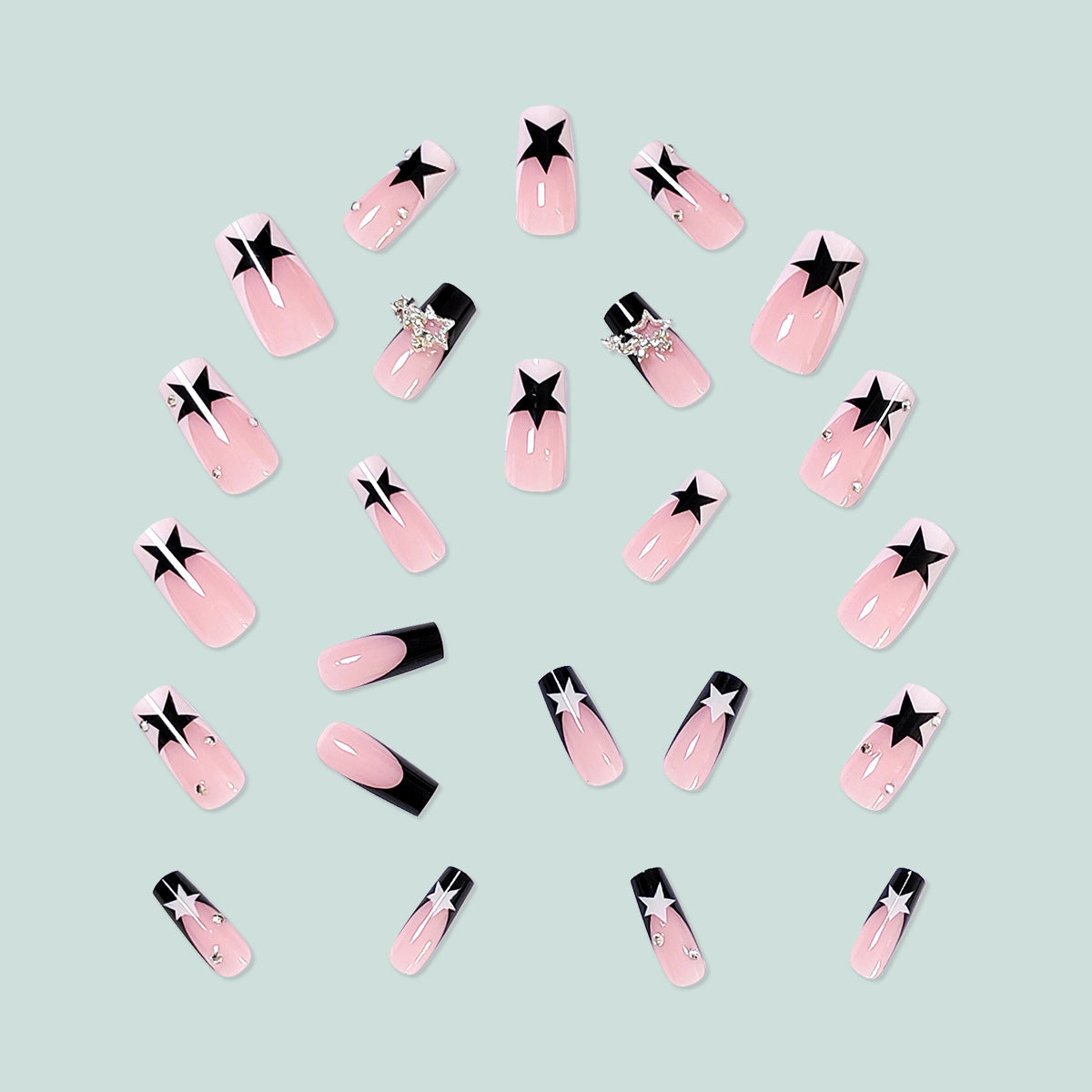 Long Sweet Cool Star French Tip Fake Nails