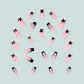 Long Sweet Cool Star French Tip Fake Nails