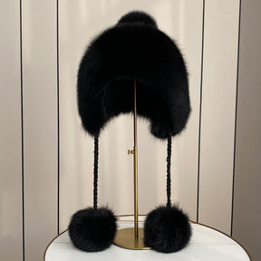 Women's Warm Faux Fur Lined Fox Ear Flap Hat with Real Rabbit Fur Pom Pom